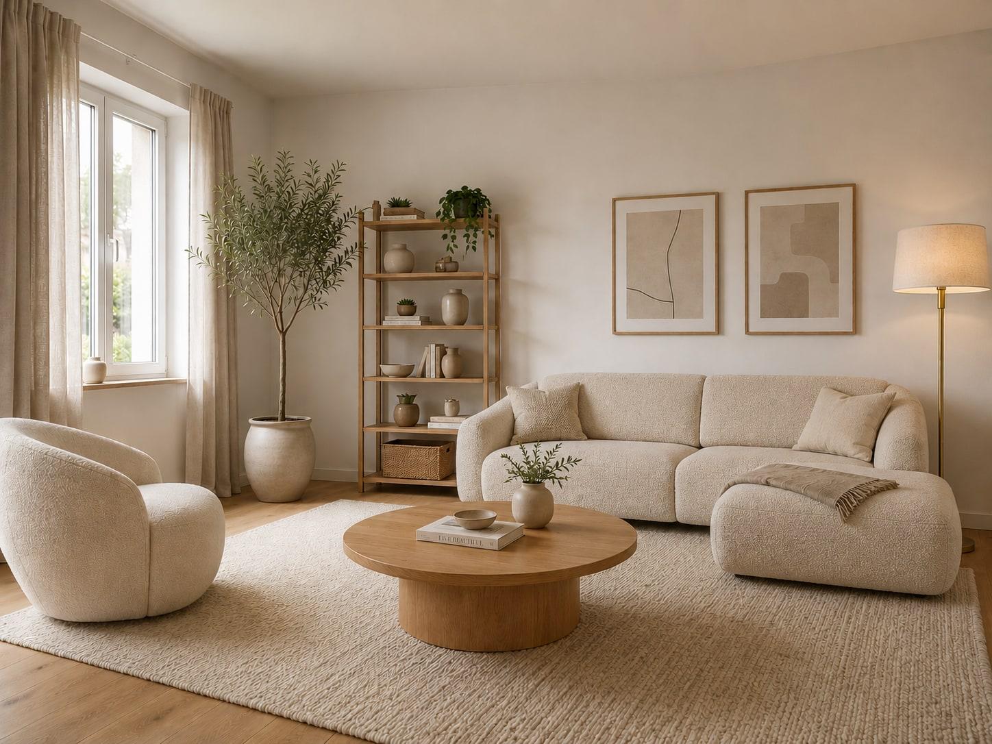 KI-Rendering des Wohnzimmers, eingerichtet mit dem Sofa „Luca Ecksofa“